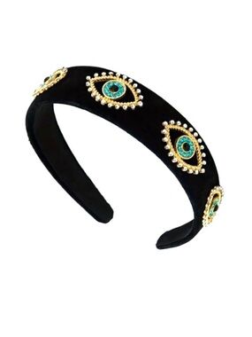 Evil Eye Black Velvet Headband With Rhinestones NEW boho